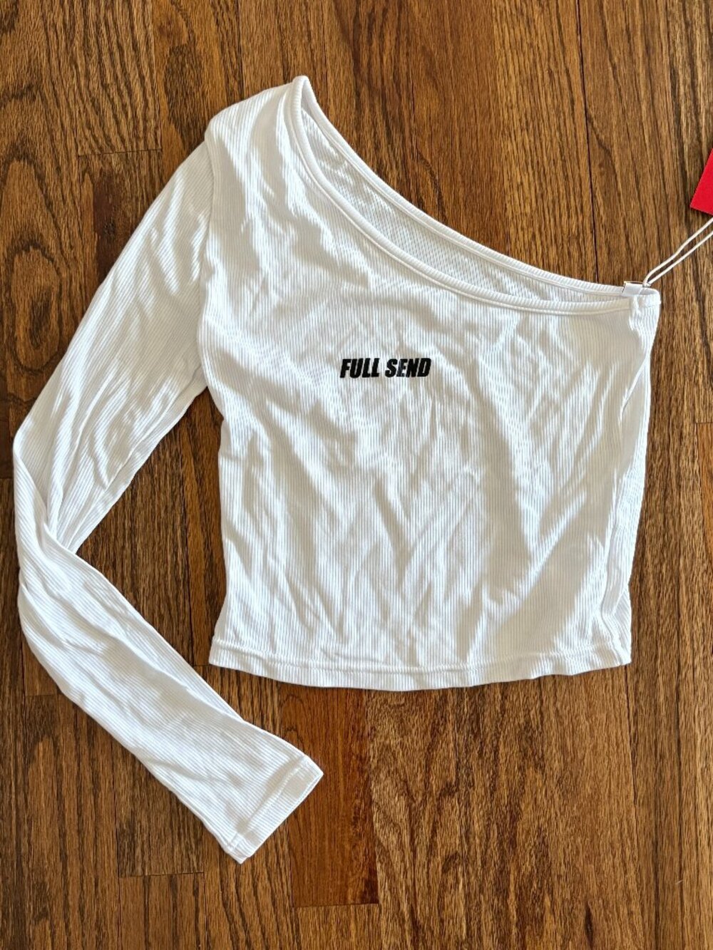 FULL SEND White Asymmetrical One Shoulder Rib Long Sleeve Top Streetwear Chic L